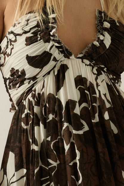 Jungle Beauty Leaf-Print Tie-Back Halter Maxi Dress