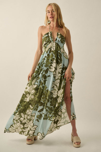 Jungle Beauty Leaf-Print Tie-Back Halter Maxi Dress