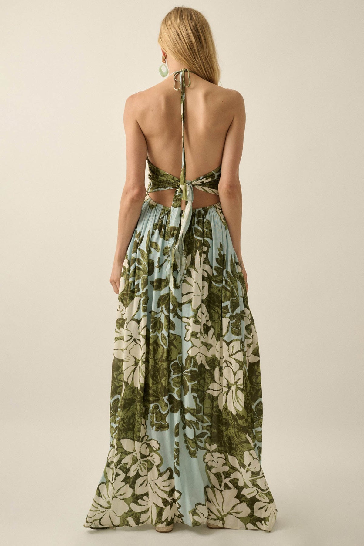 Jungle Beauty Leaf-Print Tie-Back Halter Maxi Dress