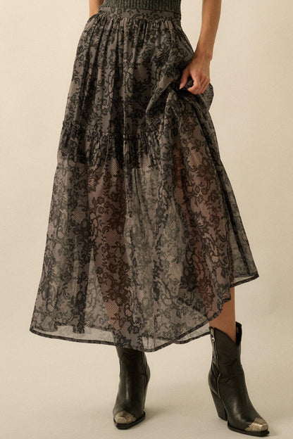 Into the Night Lace-Print Organza Maxi Skirt
