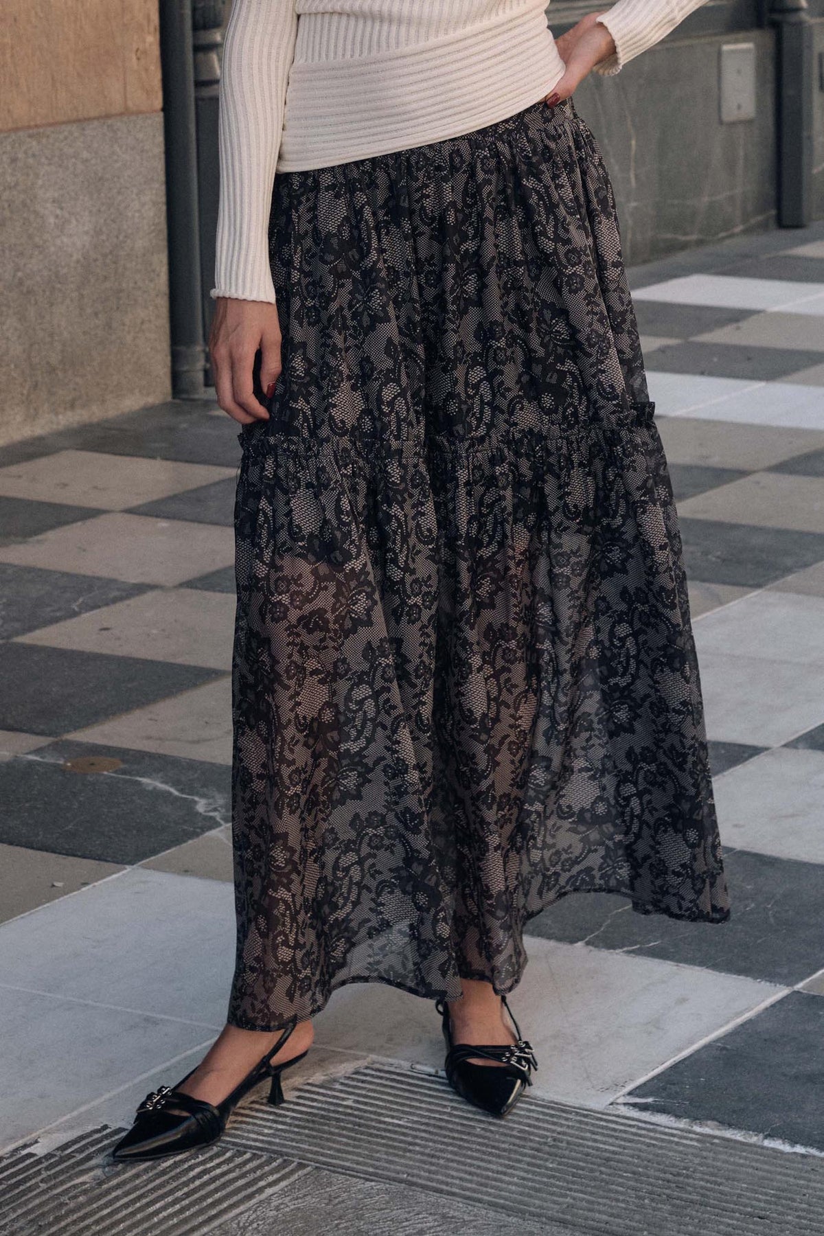 Into the Night Lace-Print Organza Maxi Skirt