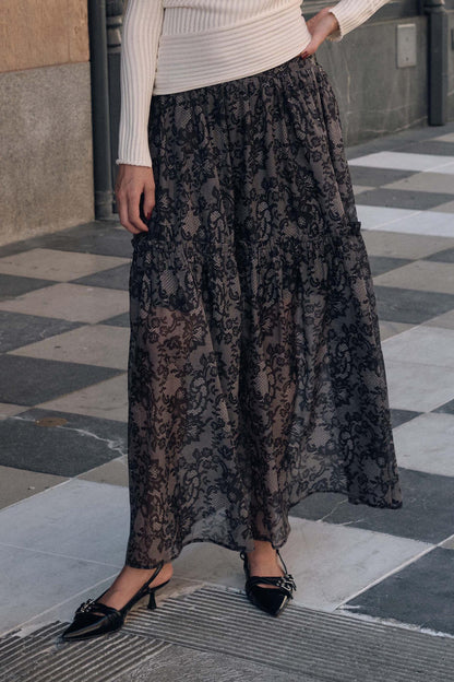Into the Night Lace-Print Organza Maxi Skirt