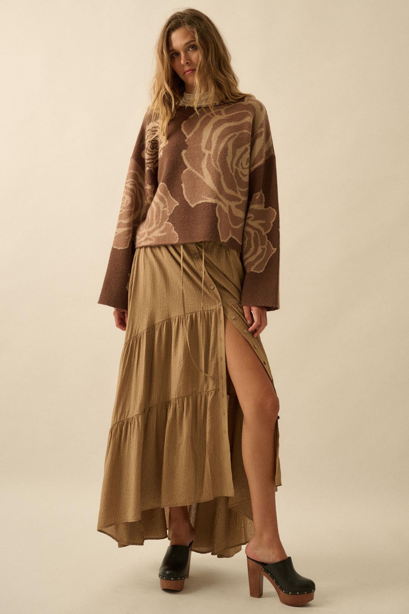 Love You So Button-Front Tiered Ruffle Maxi Skirt