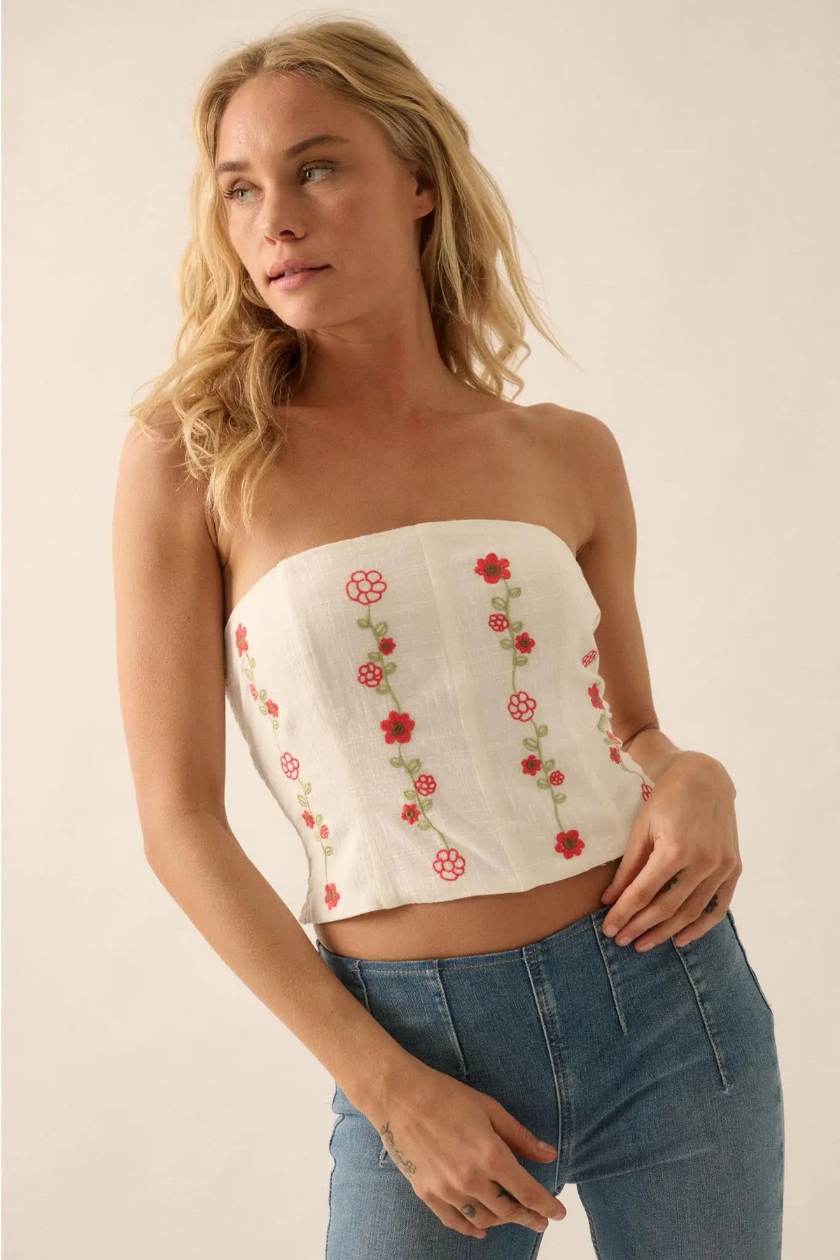 Monogram Garden Embroidered Strapless Corset Top