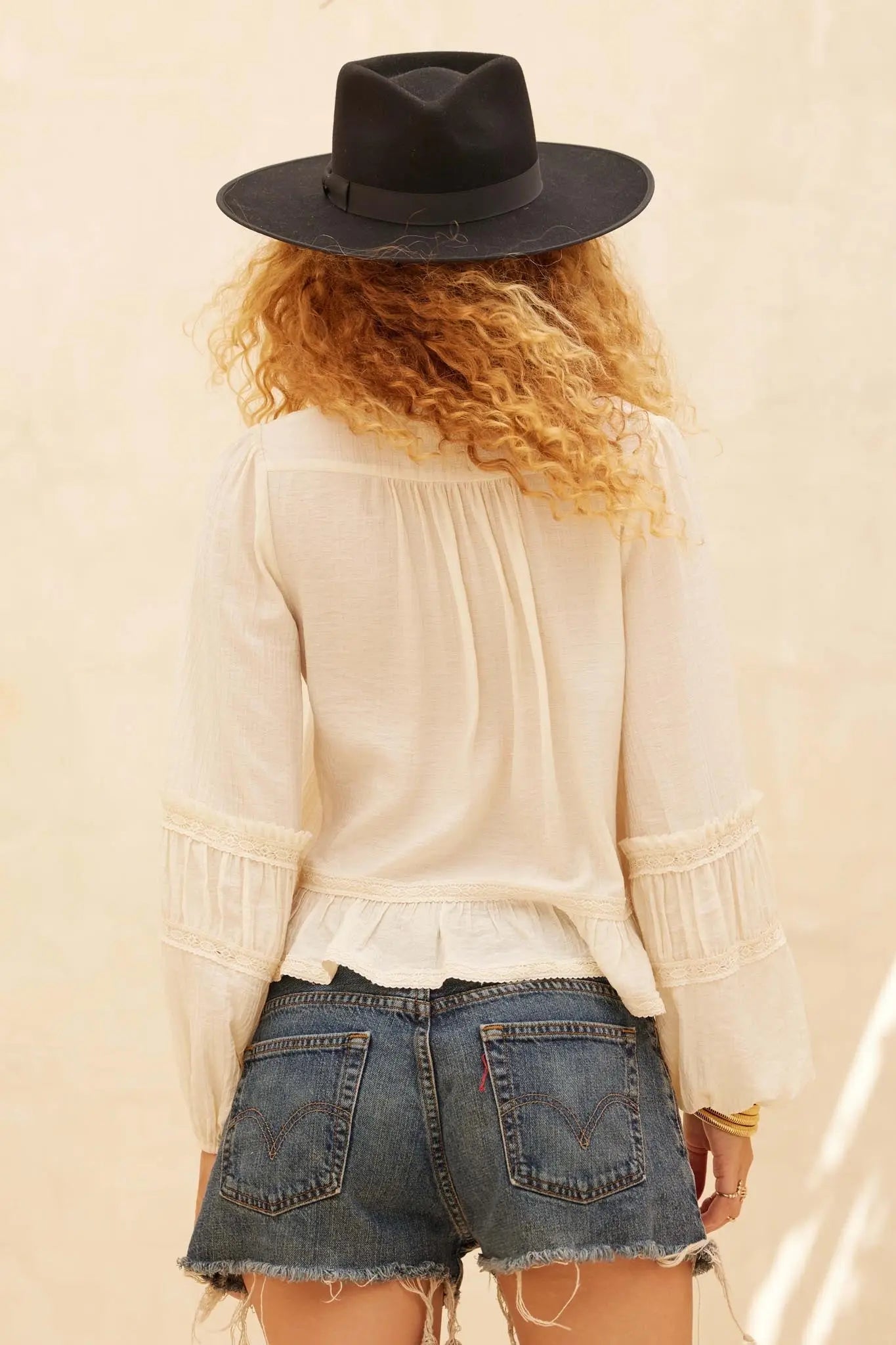 Lovely Day Button-Up Lace-Trim Ruffled Peasant Top