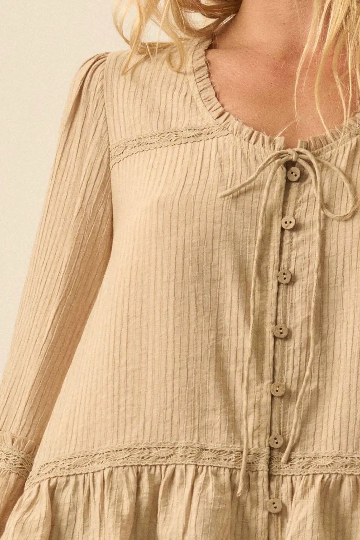 Lovely Day Button-Up Lace-Trim Ruffled Peasant Top