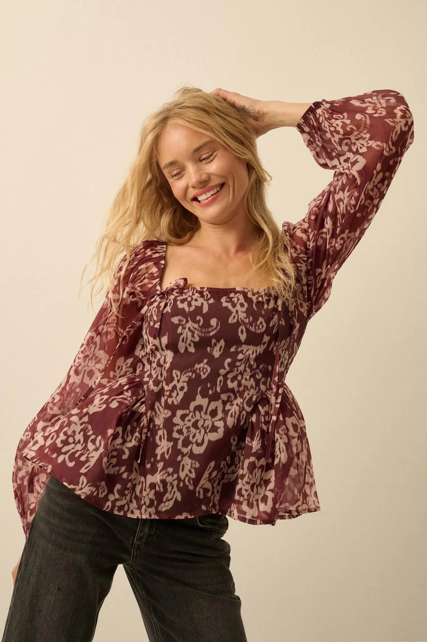 Bloom with Grace Floral Organza Peplum Peasant Top