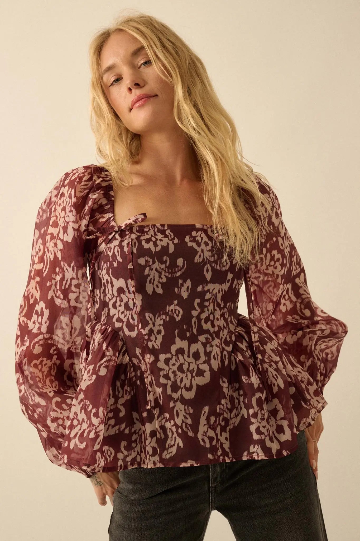 Bloom with Grace Floral Organza Peplum Peasant Top