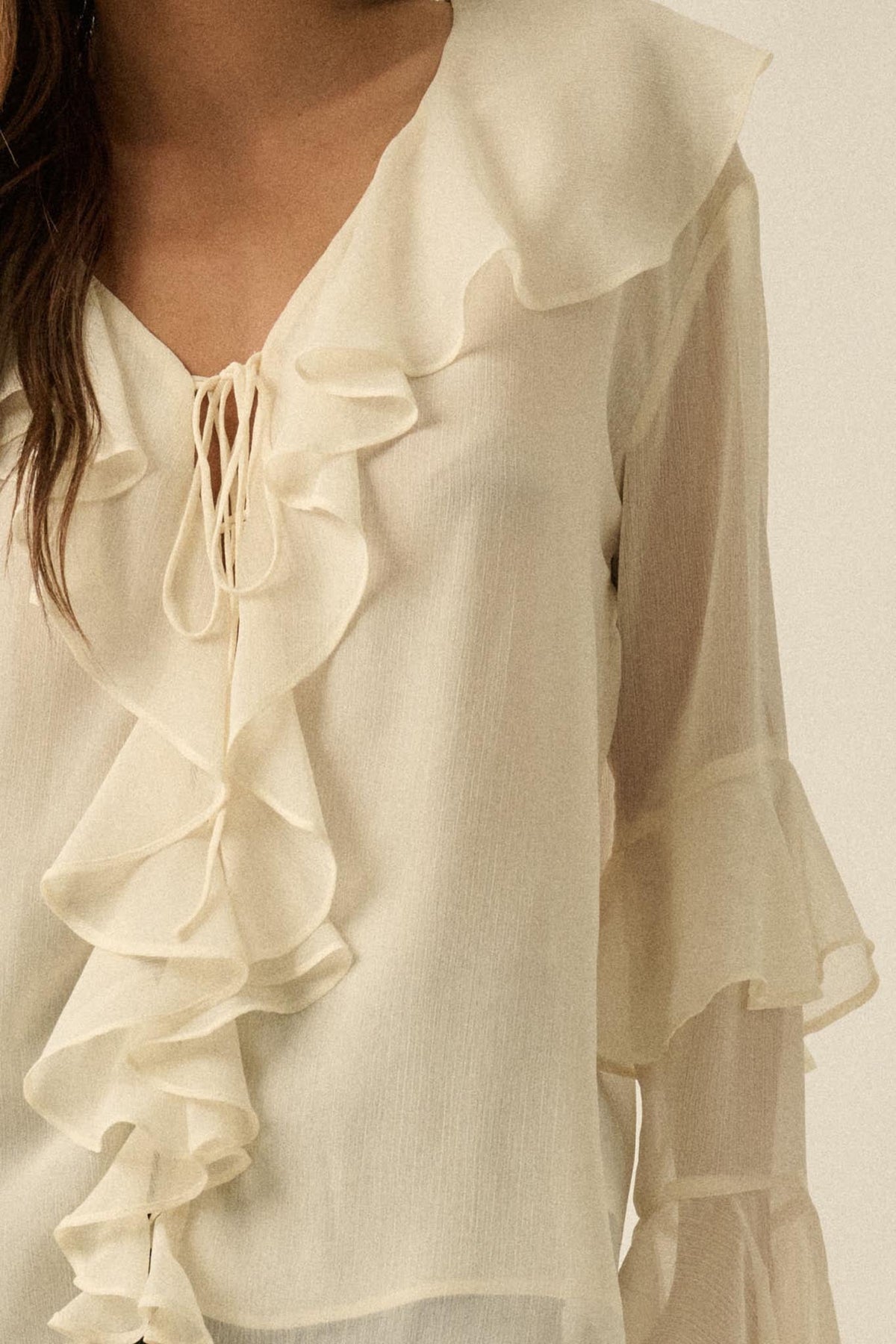 Romance Language Ruffled Chiffon Tie-Front Top