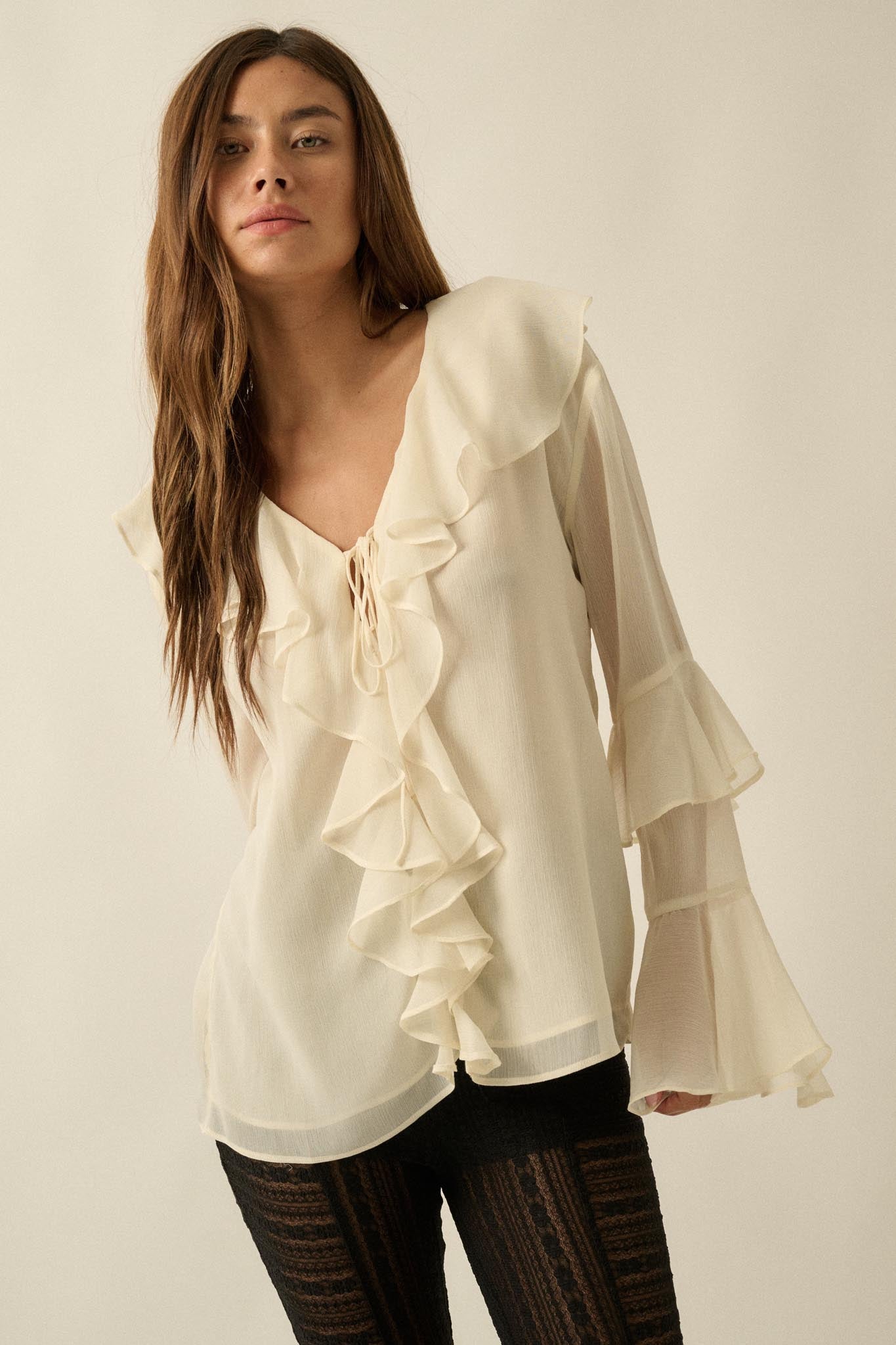 Romance Language Ruffled Chiffon Tie-Front Top