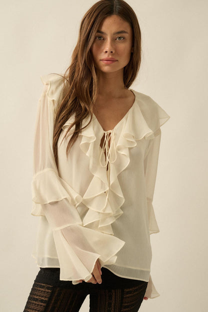 Romance Language Ruffled Chiffon Tie-Front Top