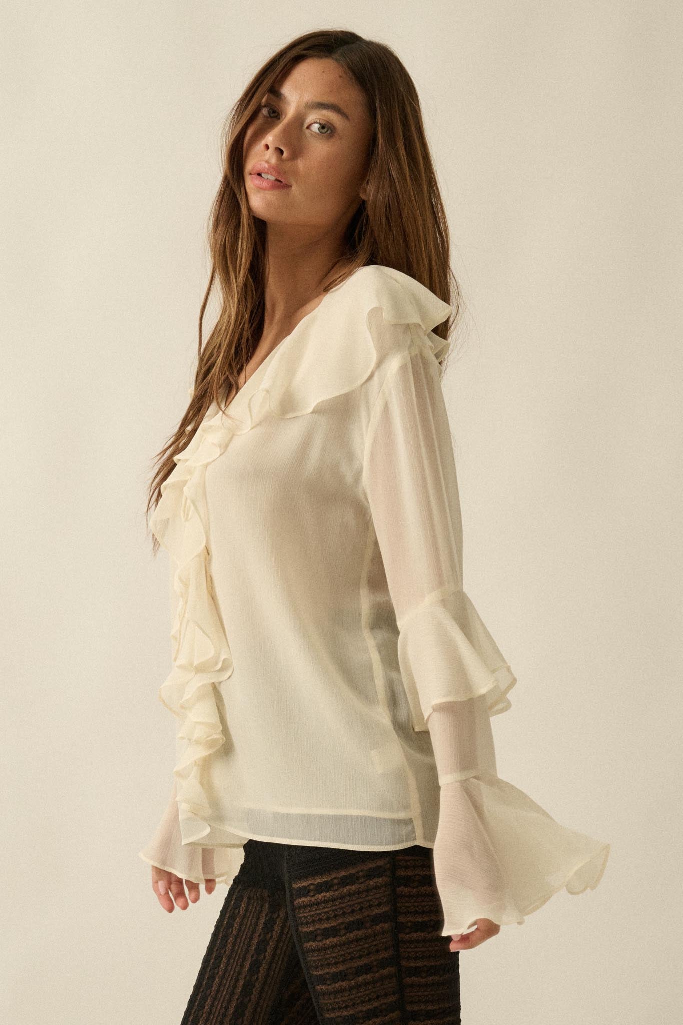 Romance Language Ruffled Chiffon Tie-Front Top