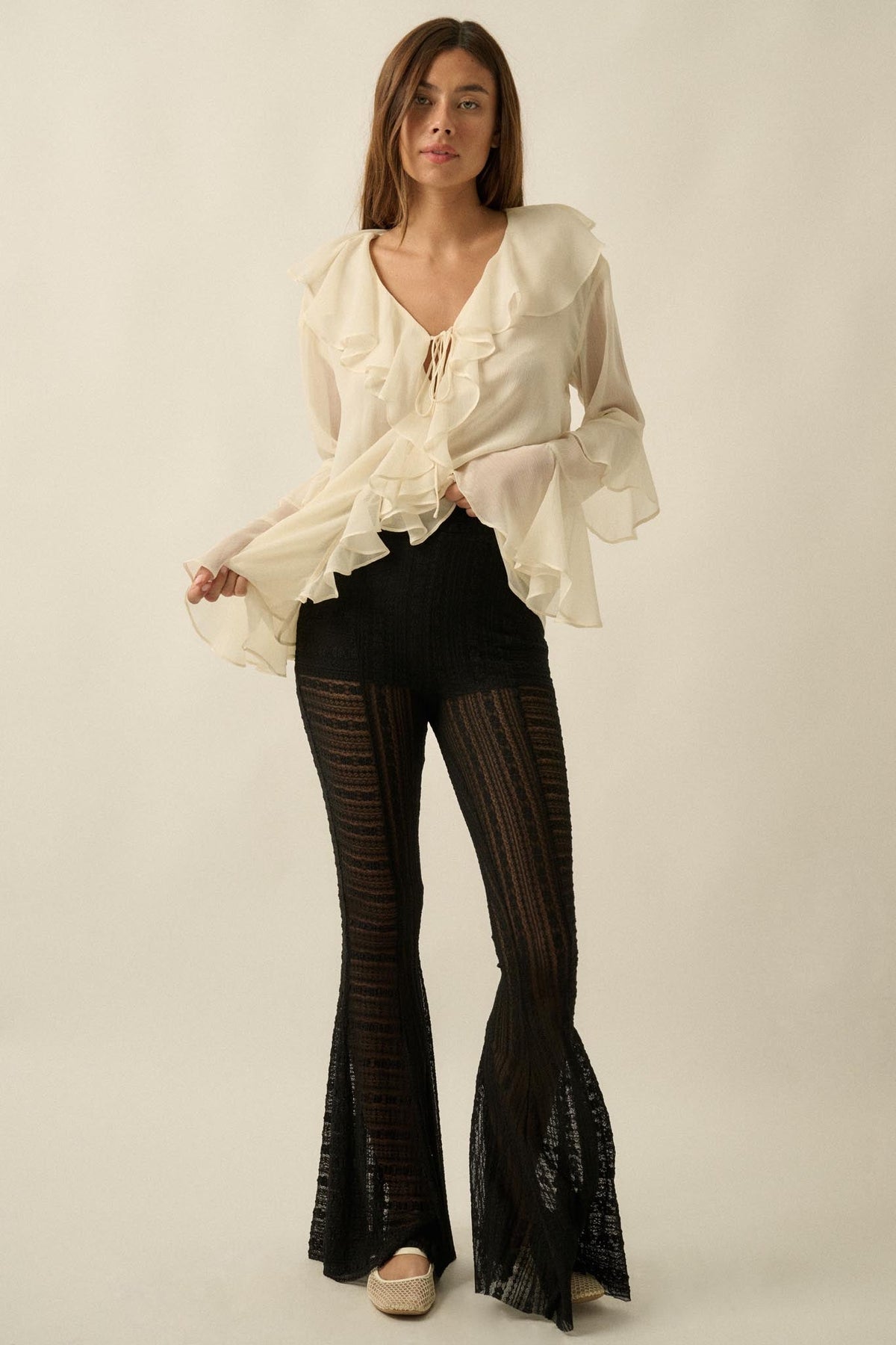 Romance Language Ruffled Chiffon Tie-Front Top