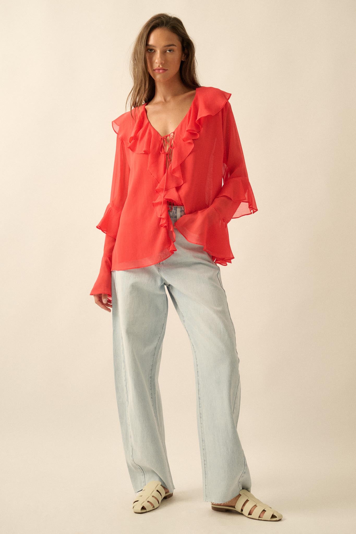 Romance Language Ruffled Chiffon Tie-Front Top