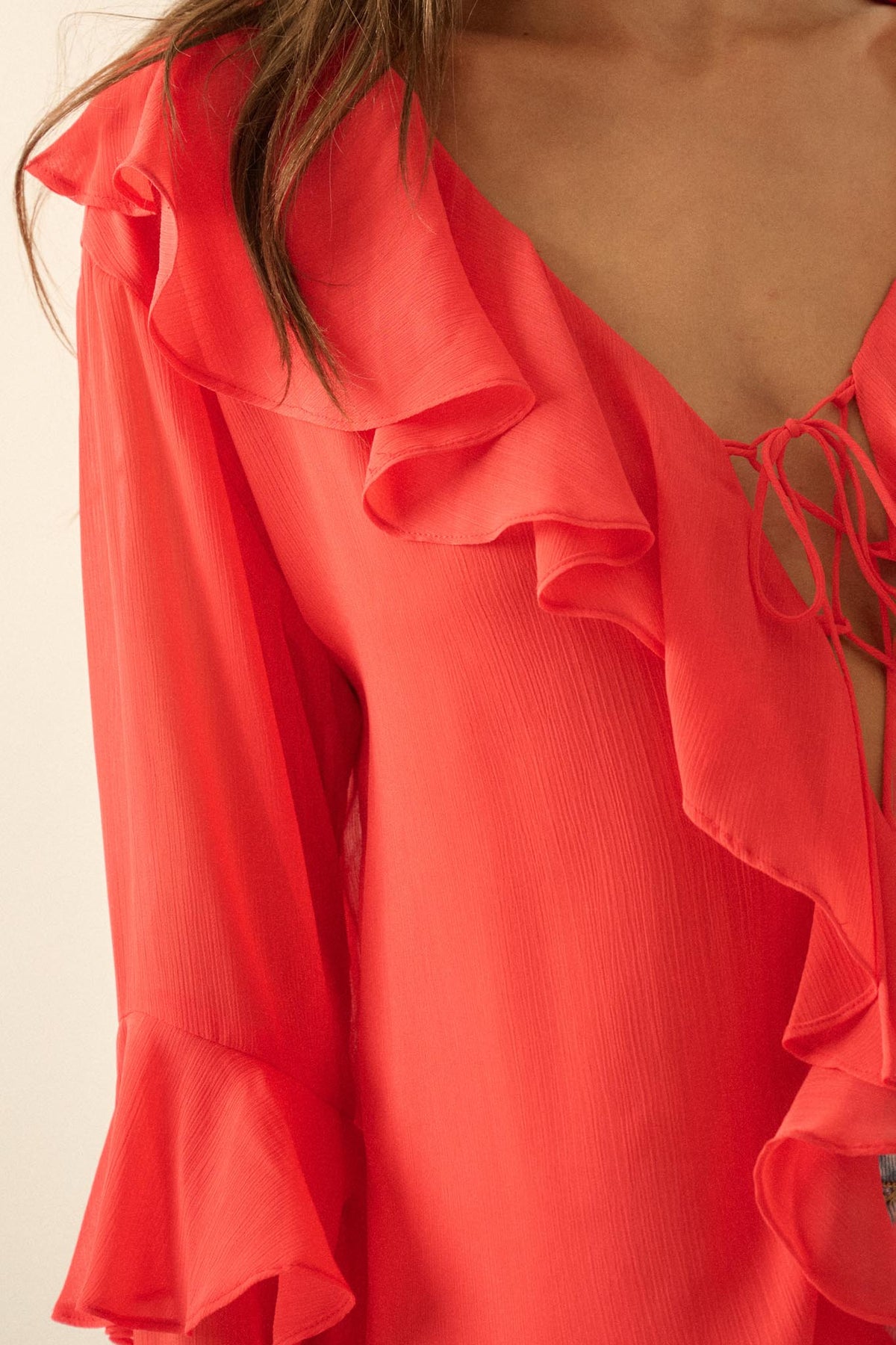 Romance Language Ruffled Chiffon Tie-Front Top