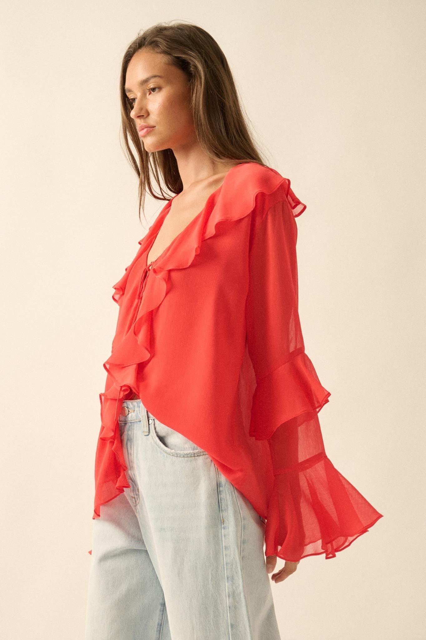 Romance Language Ruffled Chiffon Tie-Front Top