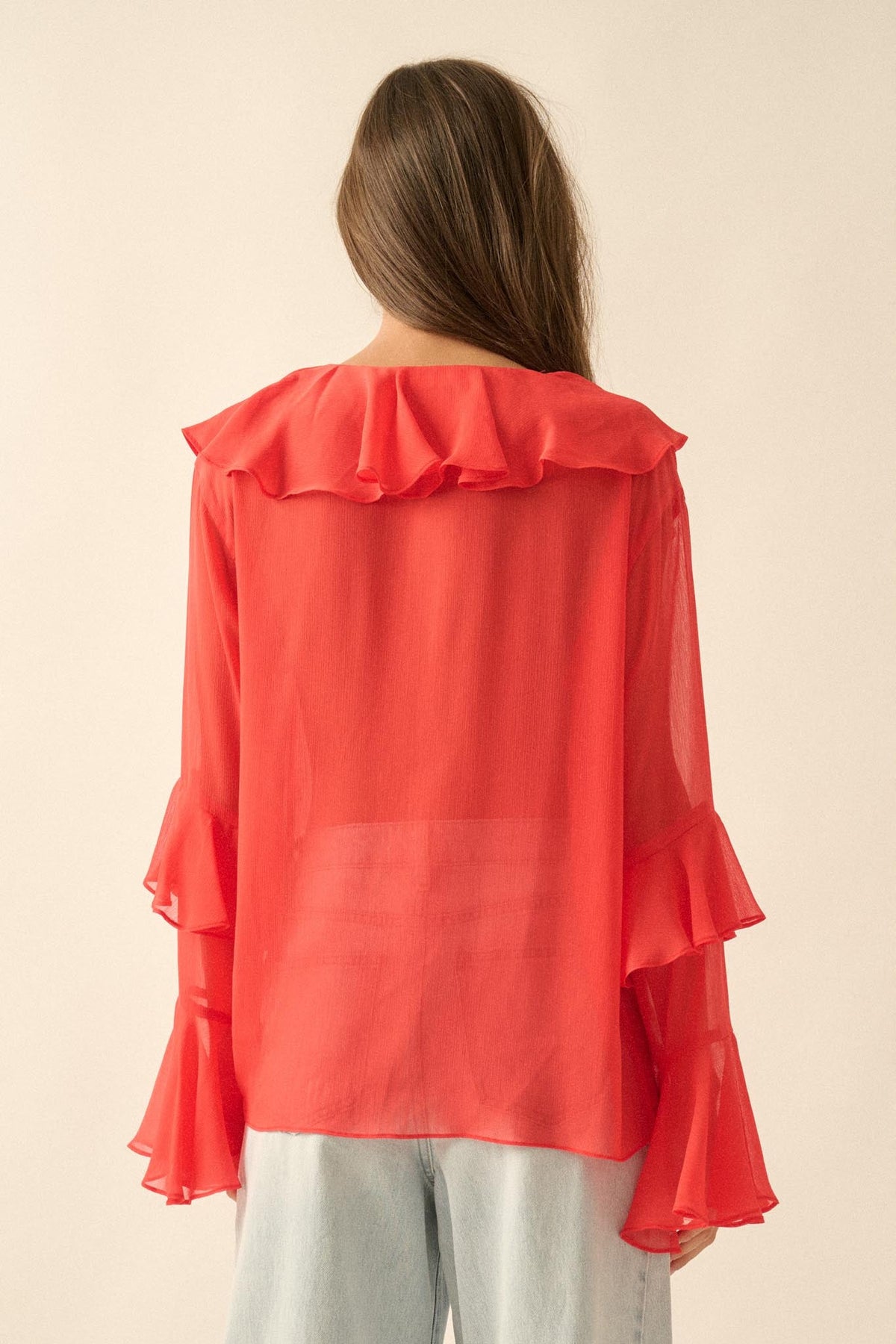 Romance Language Ruffled Chiffon Tie-Front Top