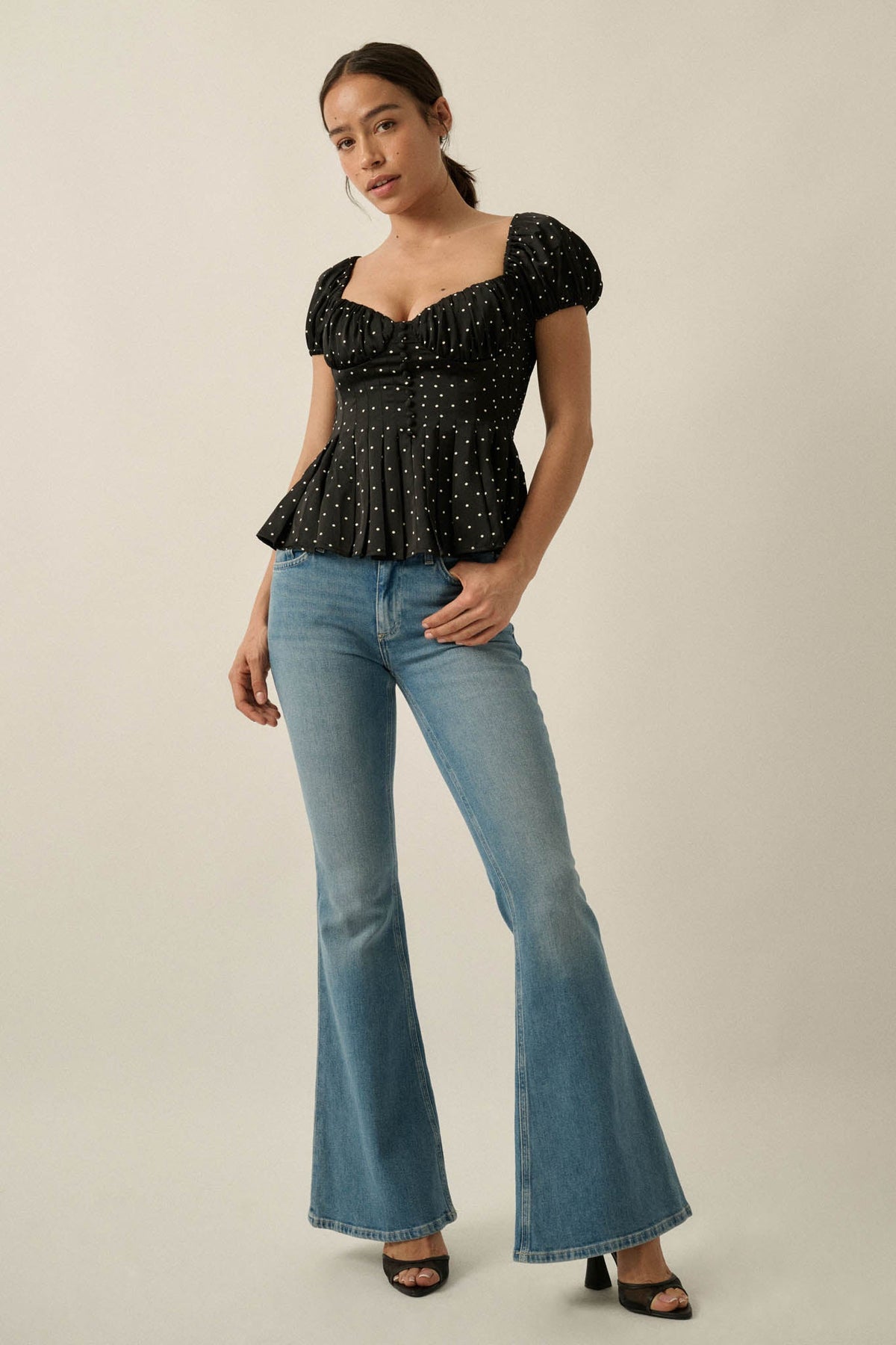 On the Dot Polka Dot Satin Puff-Sleeve Peplum Top