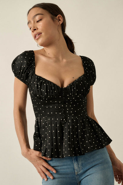 On the Dot Polka Dot Satin Puff-Sleeve Peplum Top