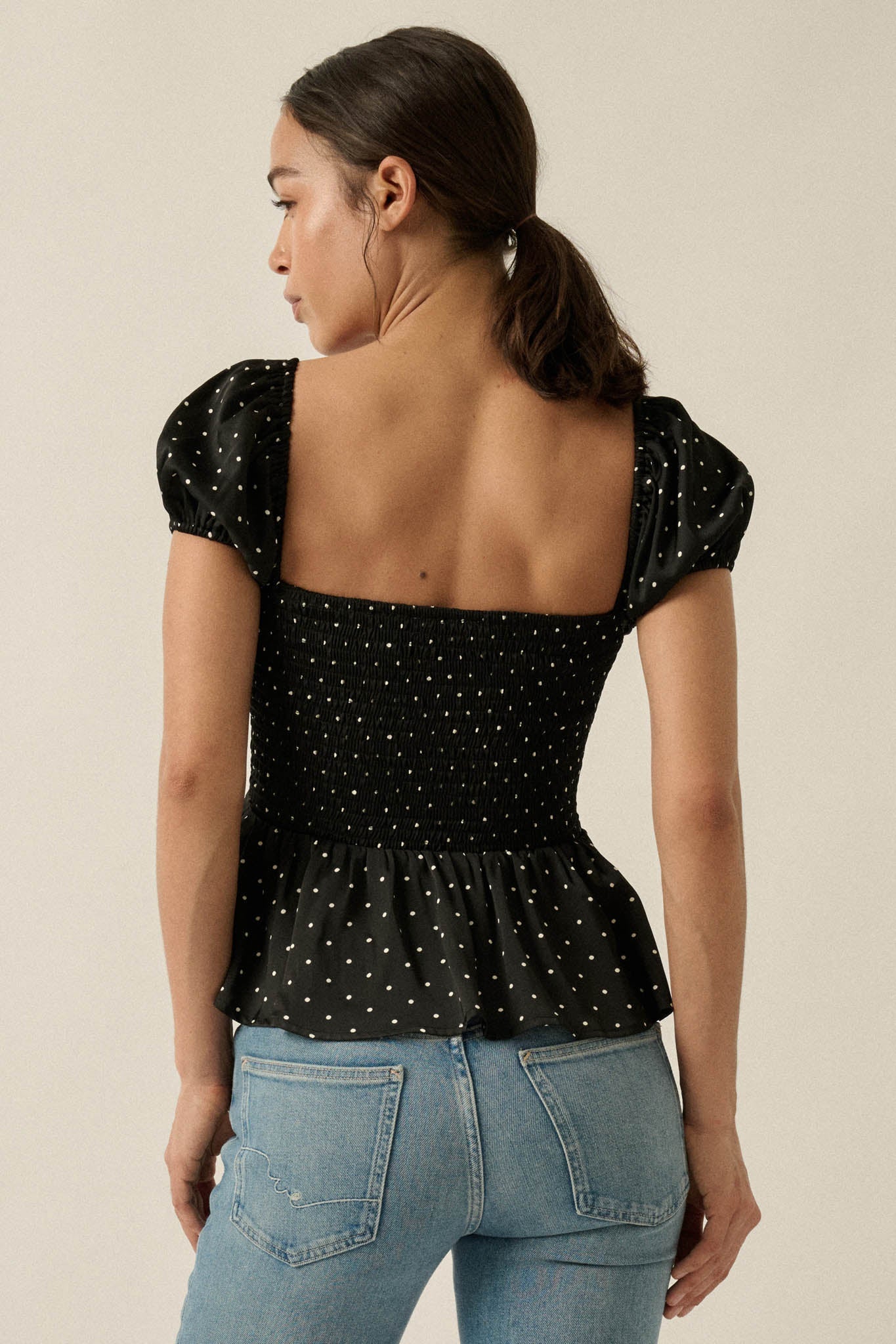 On the Dot Polka Dot Satin Puff-Sleeve Peplum Top