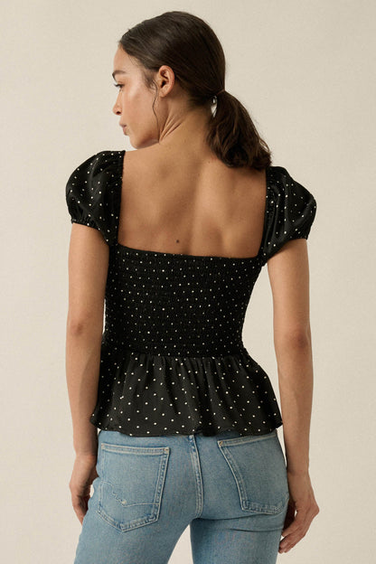 On the Dot Polka Dot Satin Puff-Sleeve Peplum Top