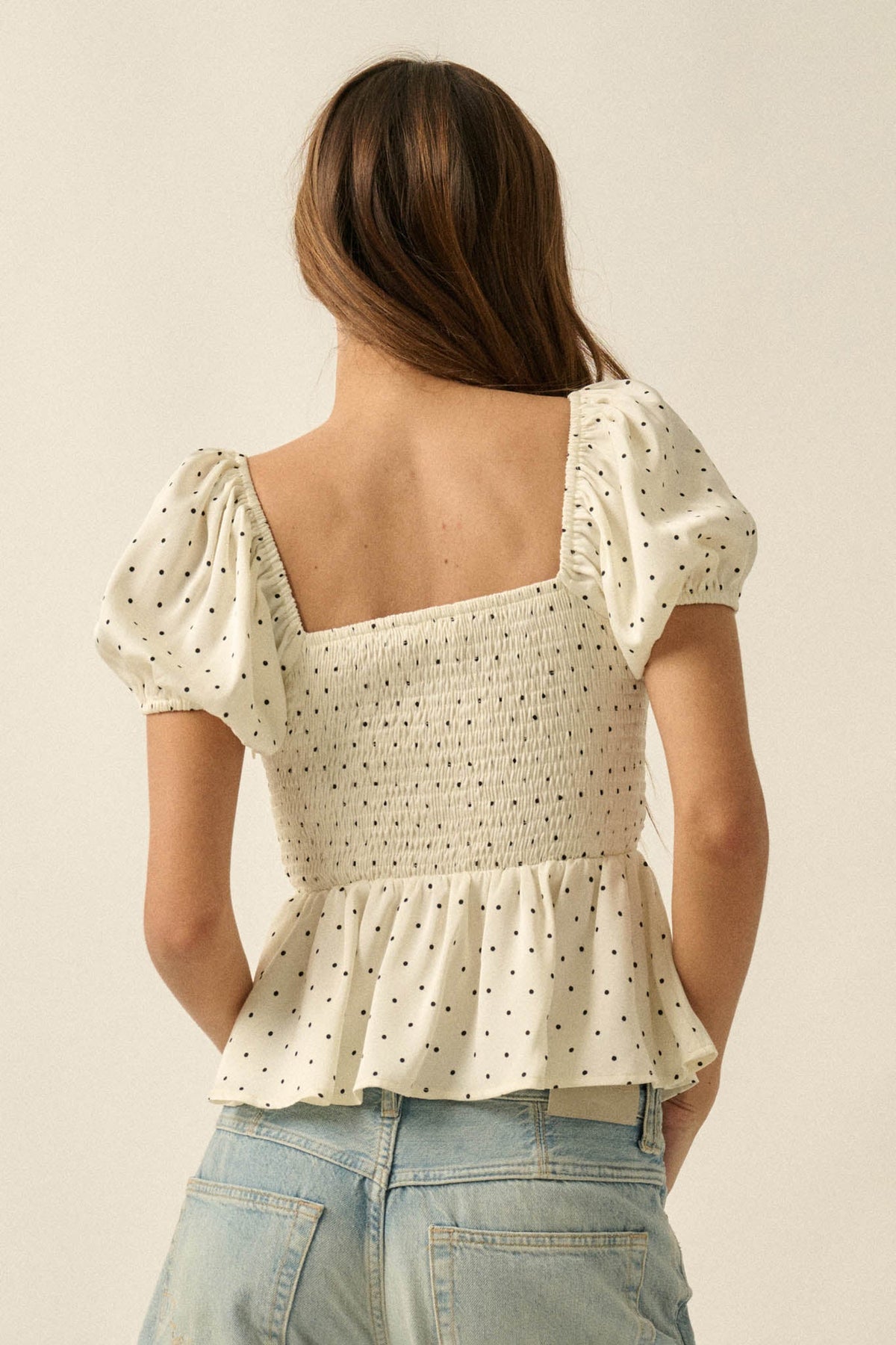 On the Dot Polka Dot Satin Puff-Sleeve Peplum Top