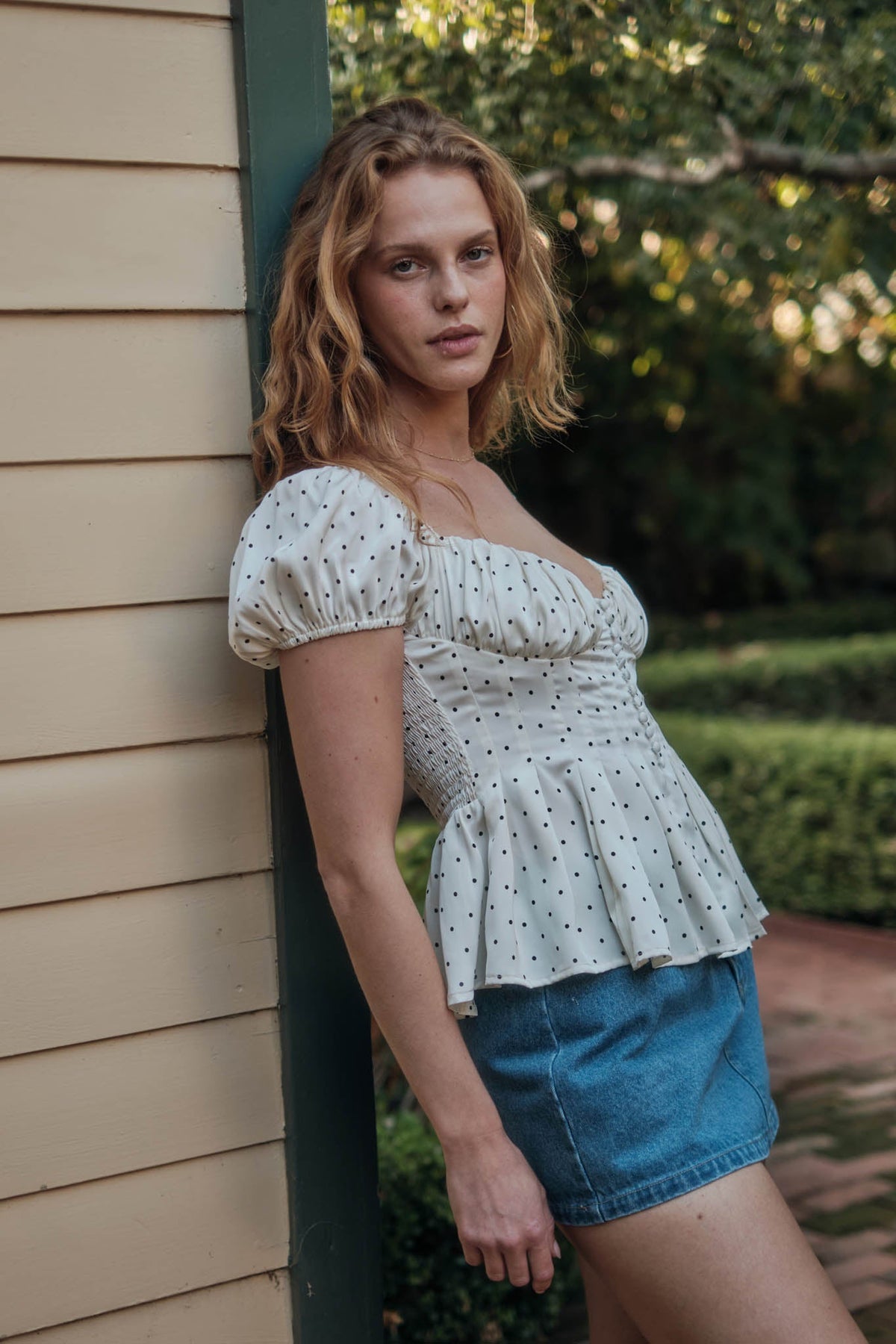 On the Dot Polka Dot Satin Puff-Sleeve Peplum Top