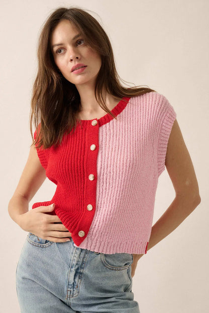 Double Date Colorblock Knit Buttoned Sweater Vest
