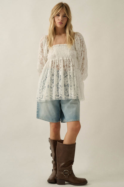 Baby Cakes Smocked Lace Square-Neck Babydoll Top
