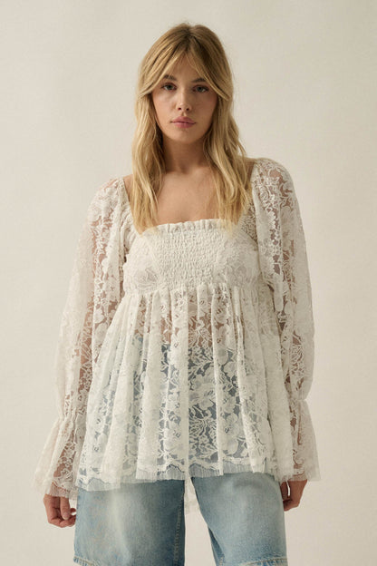 Baby Cakes Smocked Lace Square-Neck Babydoll Top
