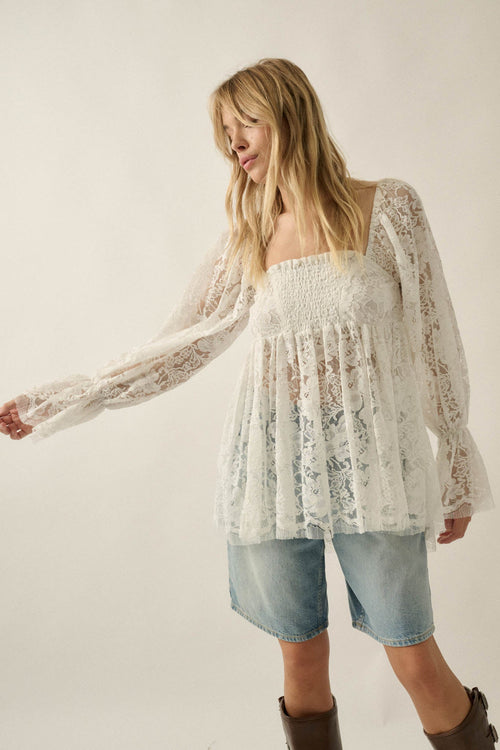 Baby Cakes Smocked Lace Square-Neck Babydoll Top