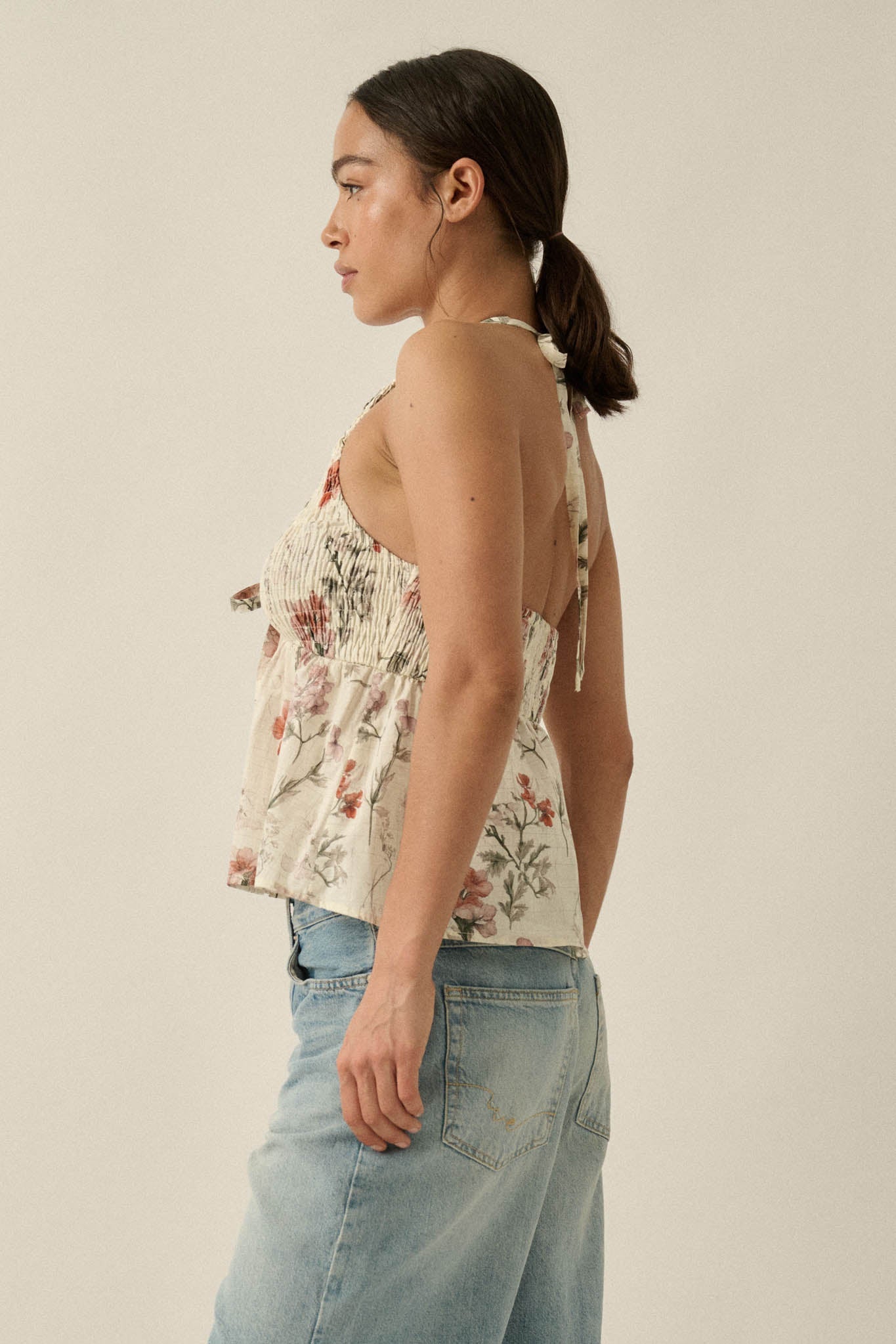 Bouquet in Bloom Floral Smocked Peplum Halter Top
