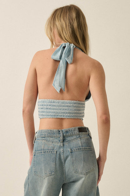 Blue Bliss Cropped Tie-Front Denim Halter Top