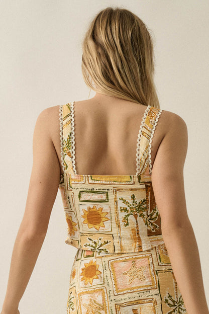 Paradise City Tropical-Print Button Tank Top