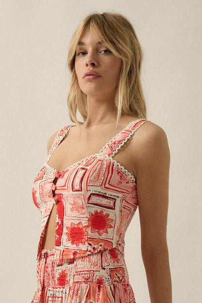 Paradise City Tropical-Print Button Tank Top