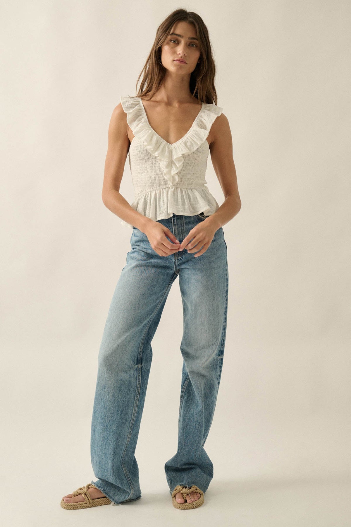 Get Free Smocked Cotton Gauze V-Neck Ruffle Top