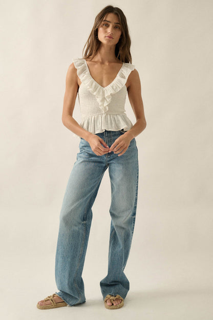 Get Free Smocked Cotton Gauze V-Neck Ruffle Top