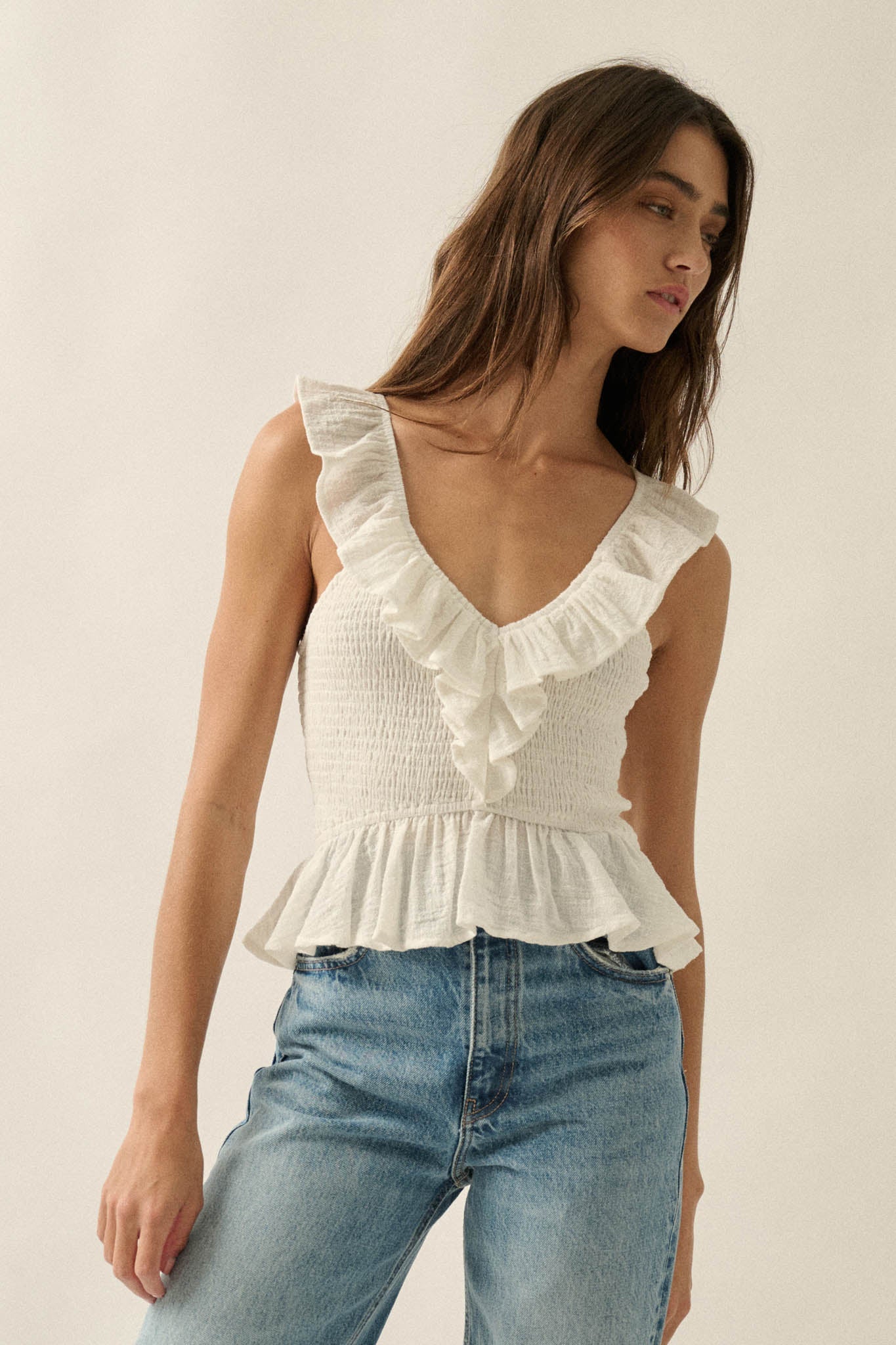 Get Free Smocked Cotton Gauze V-Neck Ruffle Top