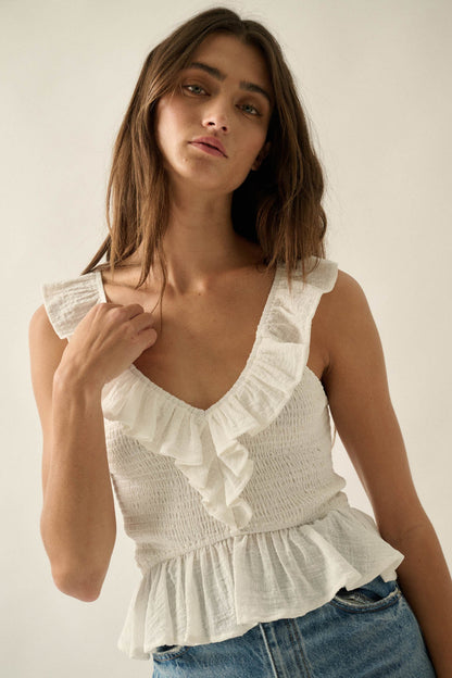 Get Free Smocked Cotton Gauze V-Neck Ruffle Top