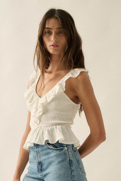 Get Free Smocked Cotton Gauze V-Neck Ruffle Top