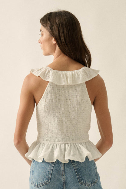 Get Free Smocked Cotton Gauze V-Neck Ruffle Top