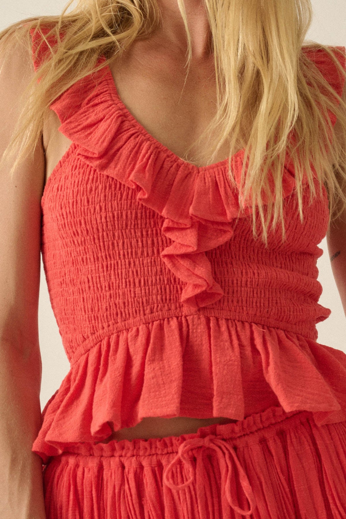 Get Free Smocked Cotton Gauze V-Neck Ruffle Top