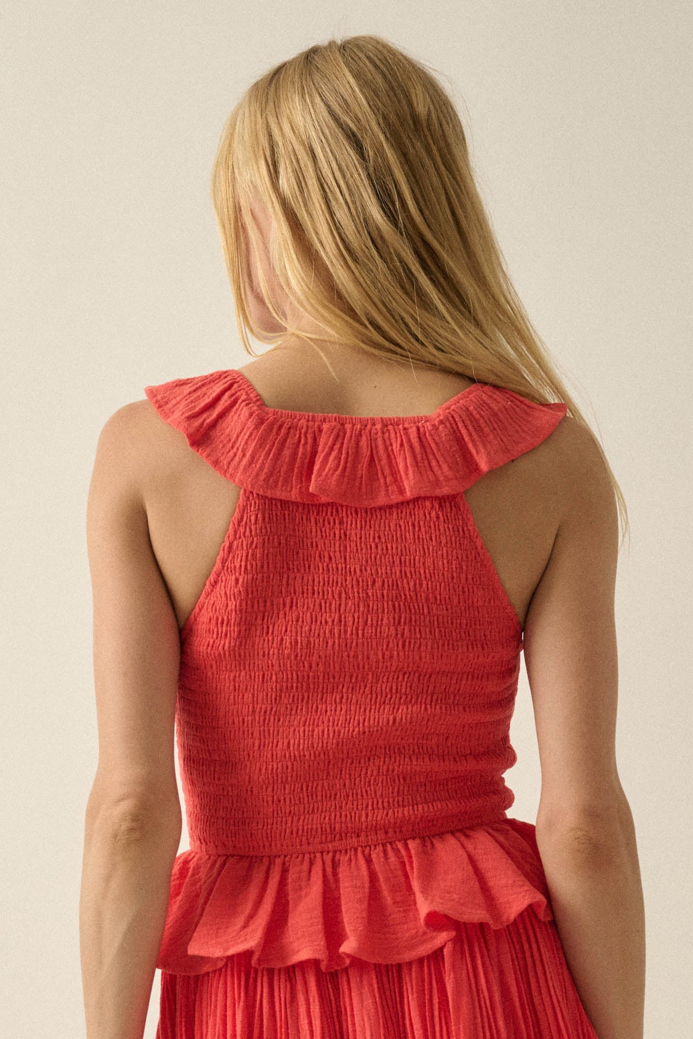 Get Free Smocked Cotton Gauze V-Neck Ruffle Top