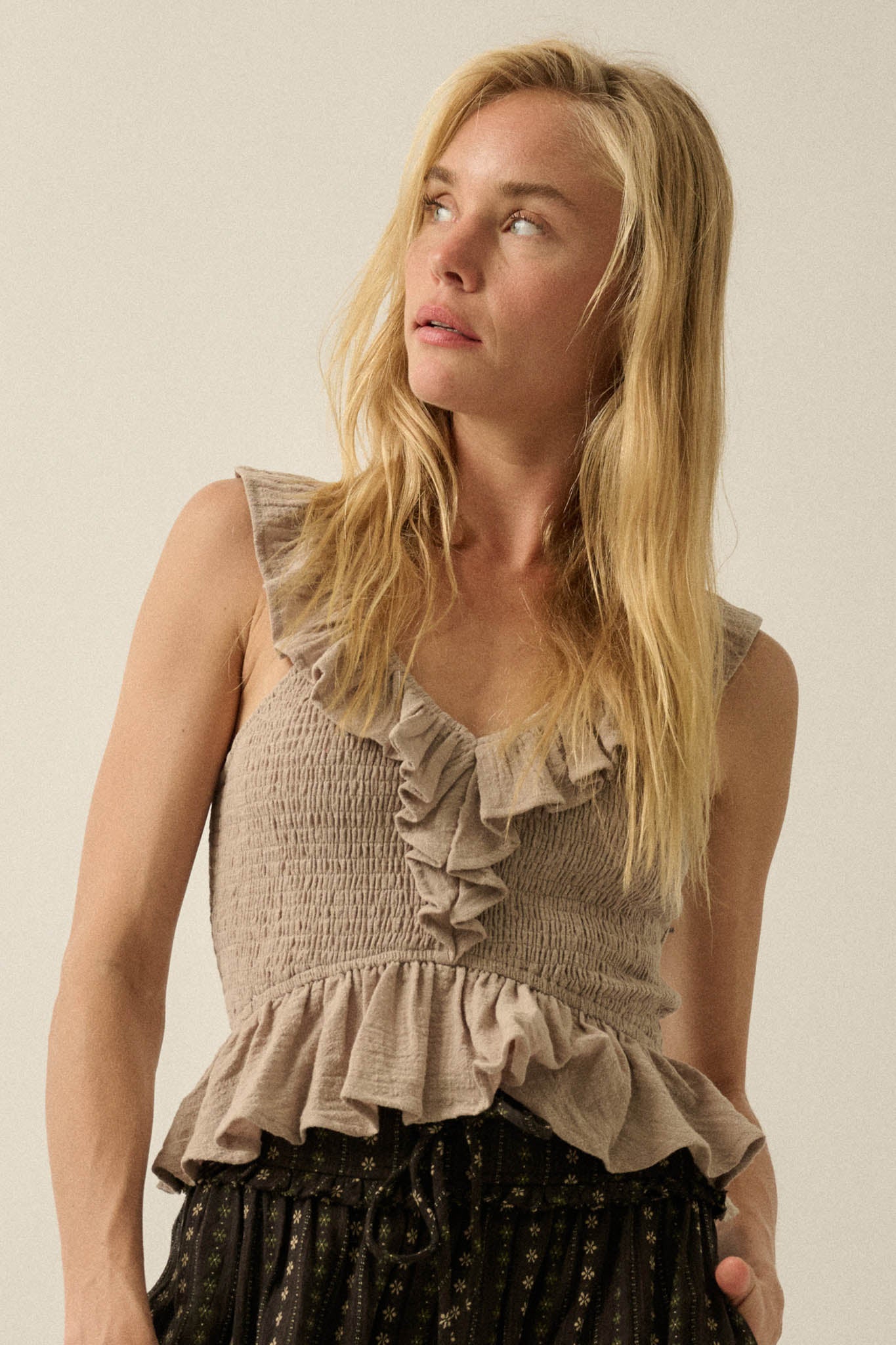 Get Free Smocked Cotton Gauze V-Neck Ruffle Top