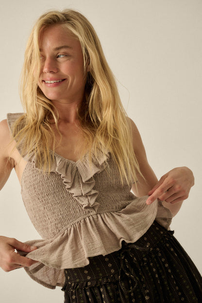 Get Free Smocked Cotton Gauze V-Neck Ruffle Top