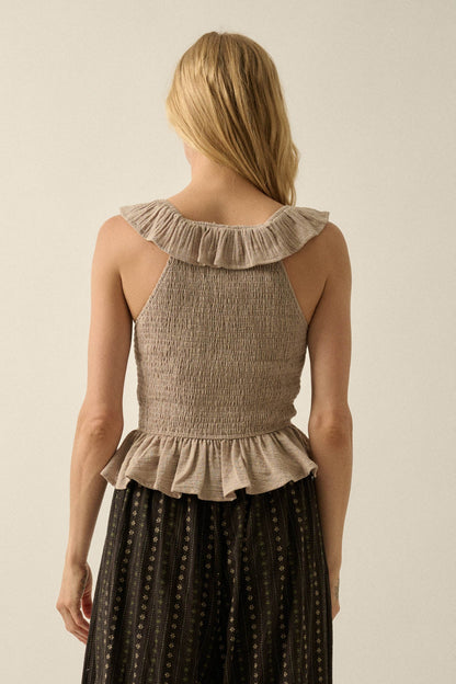 Get Free Smocked Cotton Gauze V-Neck Ruffle Top