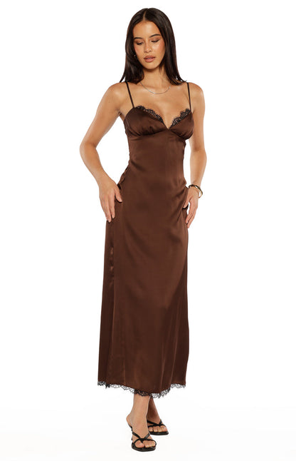 Freilla Brown Satin Midi Dress