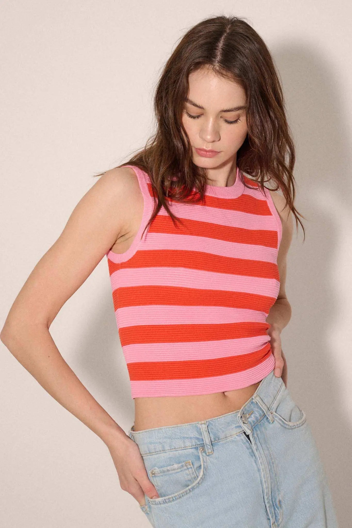 Shaper Fit Striped Rib-Knit Crewneck Tank Top