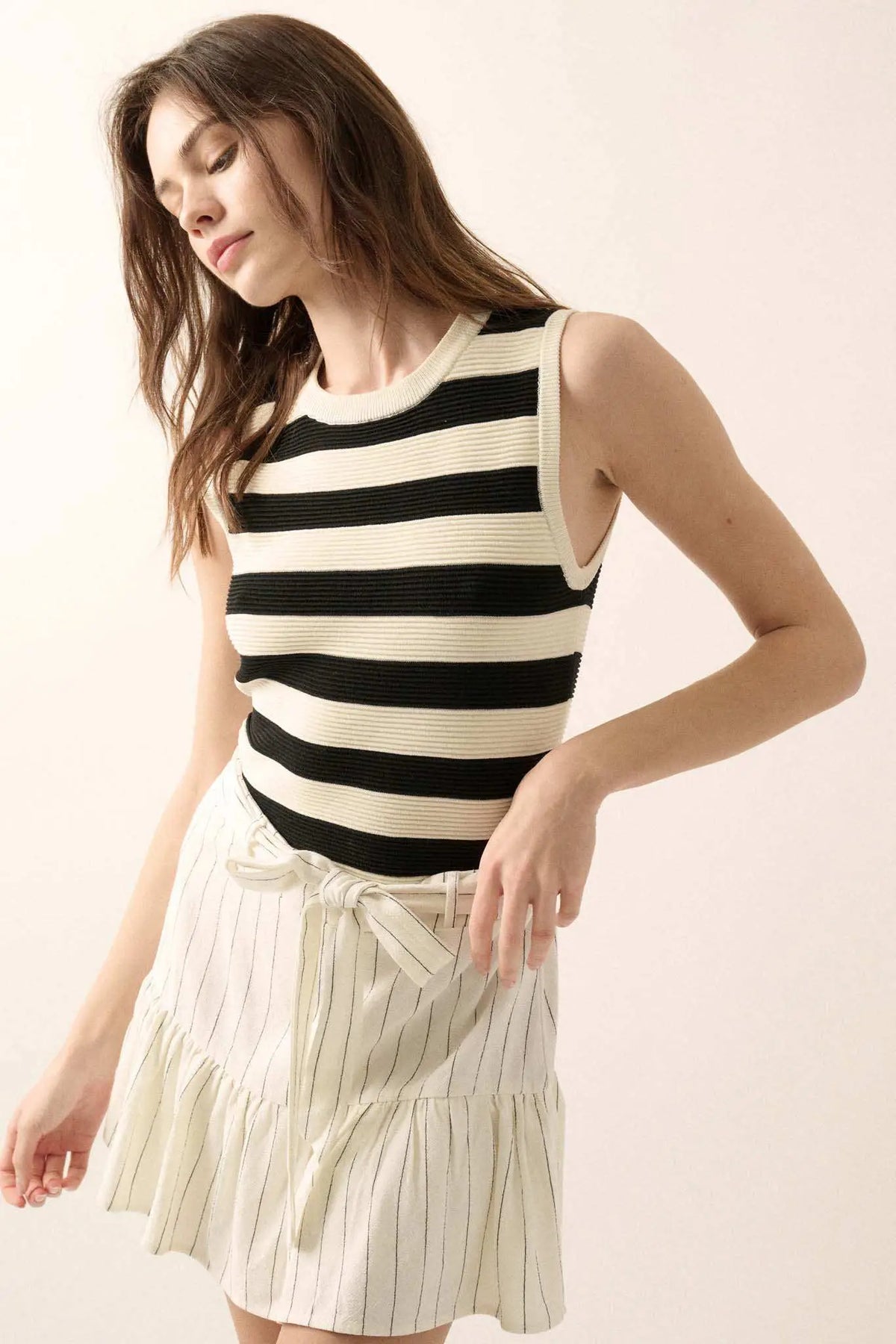 Shaper Fit Striped Rib-Knit Crewneck Tank Top