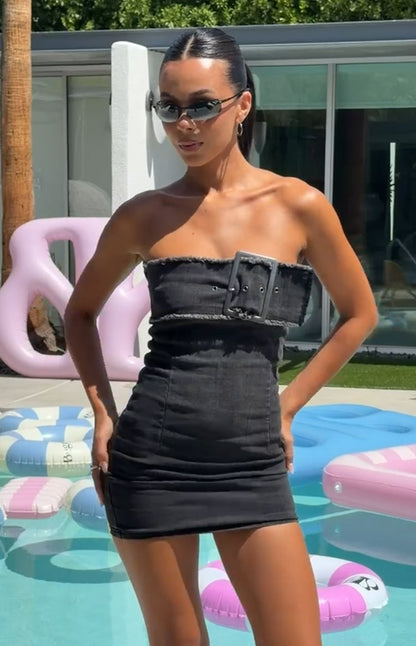 Jengi Black Washed Denim Buckle Strapless Mini Dress
